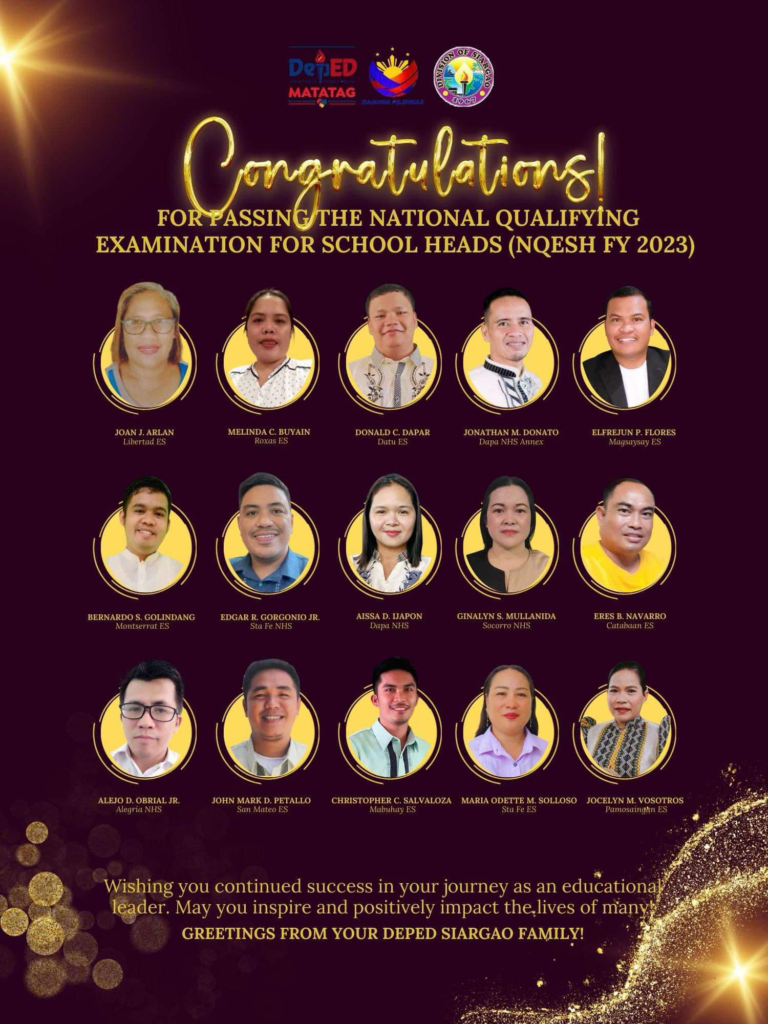 DepEd Siargao Celebrates Success of NQESH 2023 Passers, New School Leaders Rise